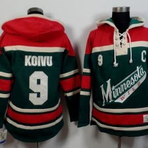 Premium Wild #9 Mikko Koivu Green/Red Sawyer Hooded Sweatshirt Stitched NHL Jersey to show your team spirit